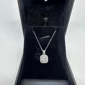 GRA 2 Ct Round Cut Square Halo Moissanite Necklace Pendant Chain Gold Plated 925